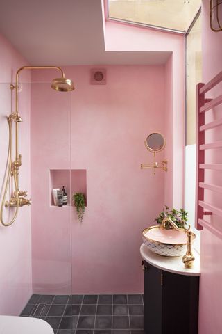 a wet room idea using polished pink plaster