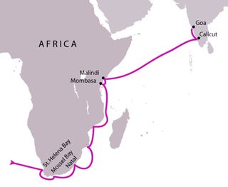 Vasco da Gama's first voyage took his ship around the Cape of Good Hope and across the Indian Ocean.