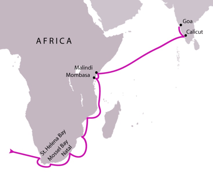 Vasco da Gama&#39;s first voyage took his ship around the Cape of Good Hope and across the Indian Ocean.