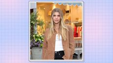 sofia richie wearing a brown jacket and white t shirt