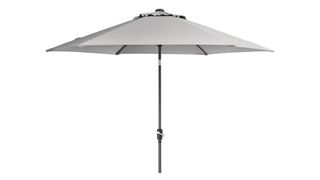 A tilting garden parasol with a cream canopy