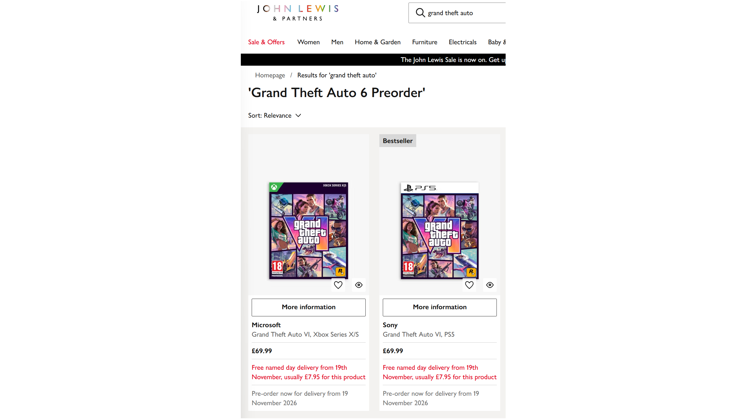John Lewis' GTA 6 pre-order listing on a white background