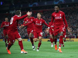 Liverpool players celebrate after making it 4-0 against Barcelona