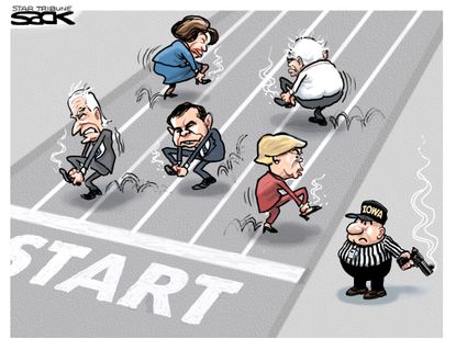 Political Cartoon U.S. Joe Biden Bernie Sanders Elizabeth Warren Pete Buttigieg Iowa Caucus confusion race