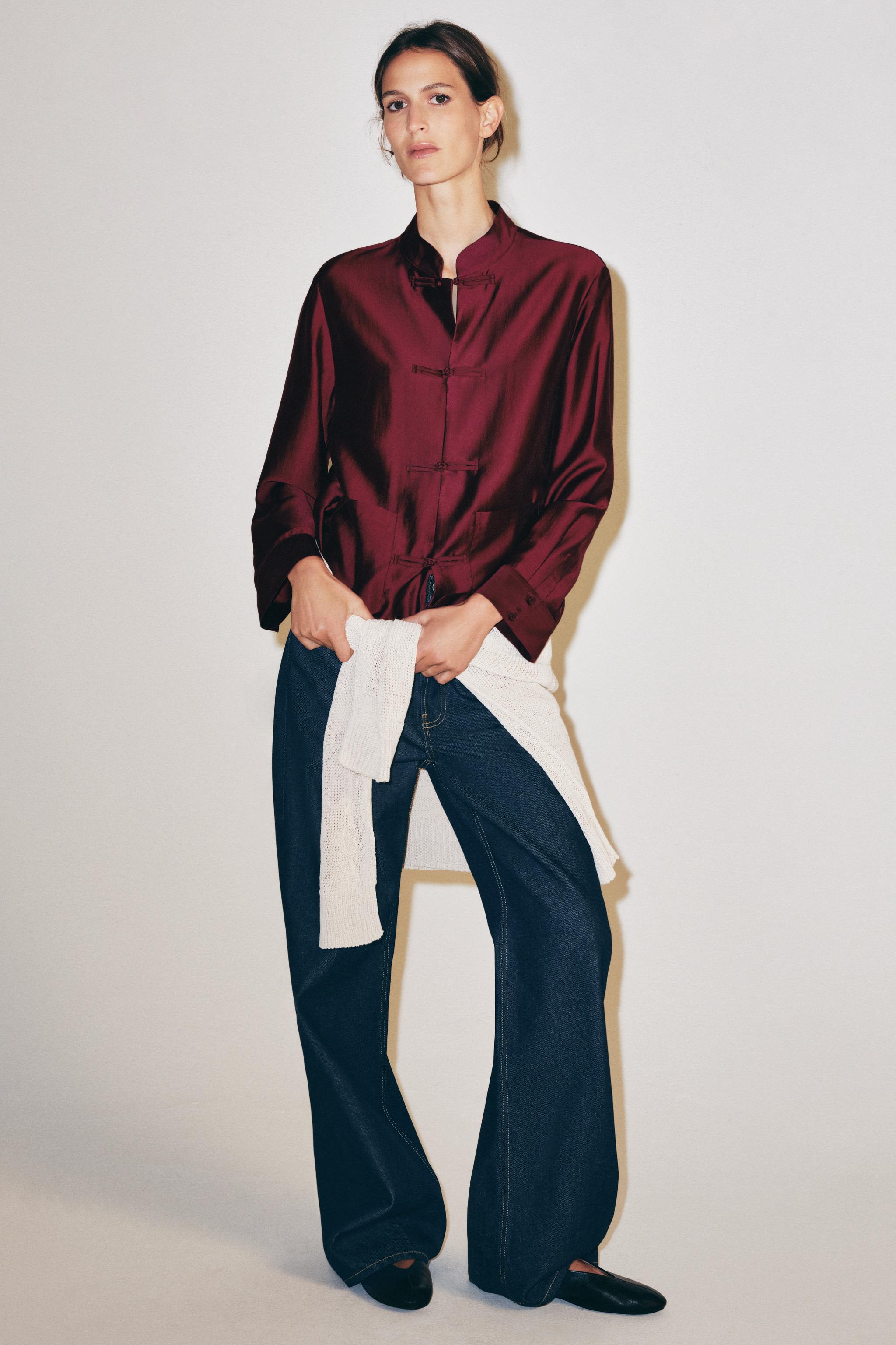 Zw Collection Shirt With Frog Fastening - Burgundy - Xs
