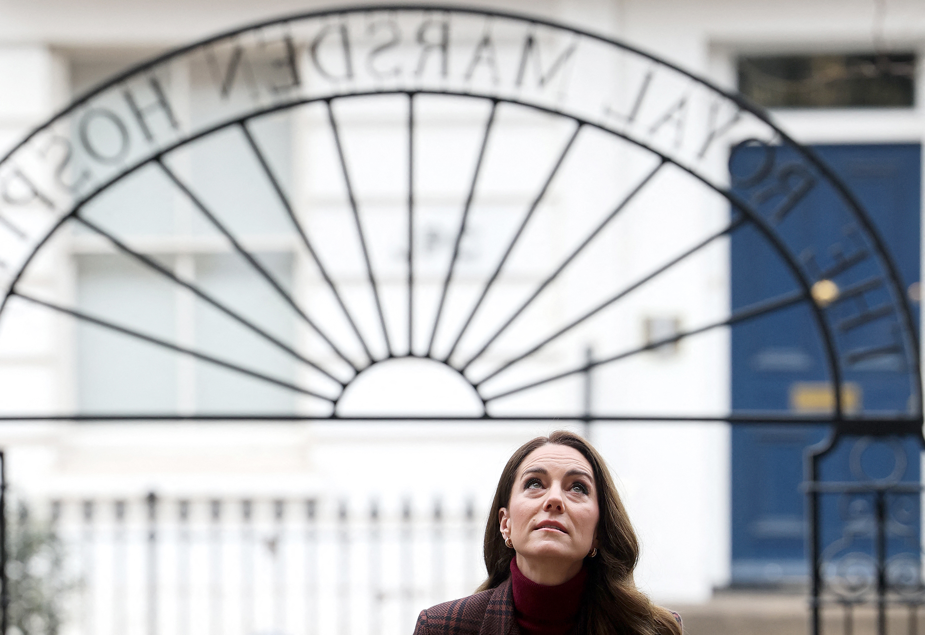 Britain's Catherine, Princess of Wales reacts upon arrival during a visit to the Royal Marsden Hospital in west London on January 14, 2025.