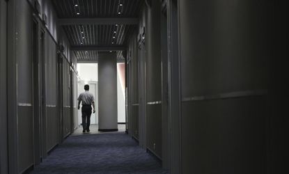 A man walks in a lobby at the capsule hotel Air Express in Moscow's Sheremetyevo Airport, where NSA leaker Edward Snowden has reportedly spent some time.