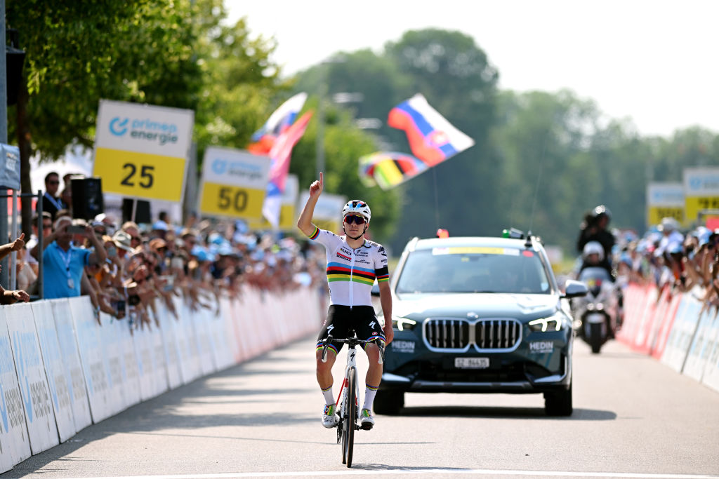 WEINFELDEN SWITZERLAND JUNE 17 Remco Evenepoel of Belgium and Team Soudal QuickStep celebrates at finish line as stage winner during the 86th Tour de Suisse 2023 Stage 7 a 1835km stage from Tbach to Weinfelden UCIWT on June 17 2023 in Weinfelden Switzerland Photo by Dario BelingheriGetty Images