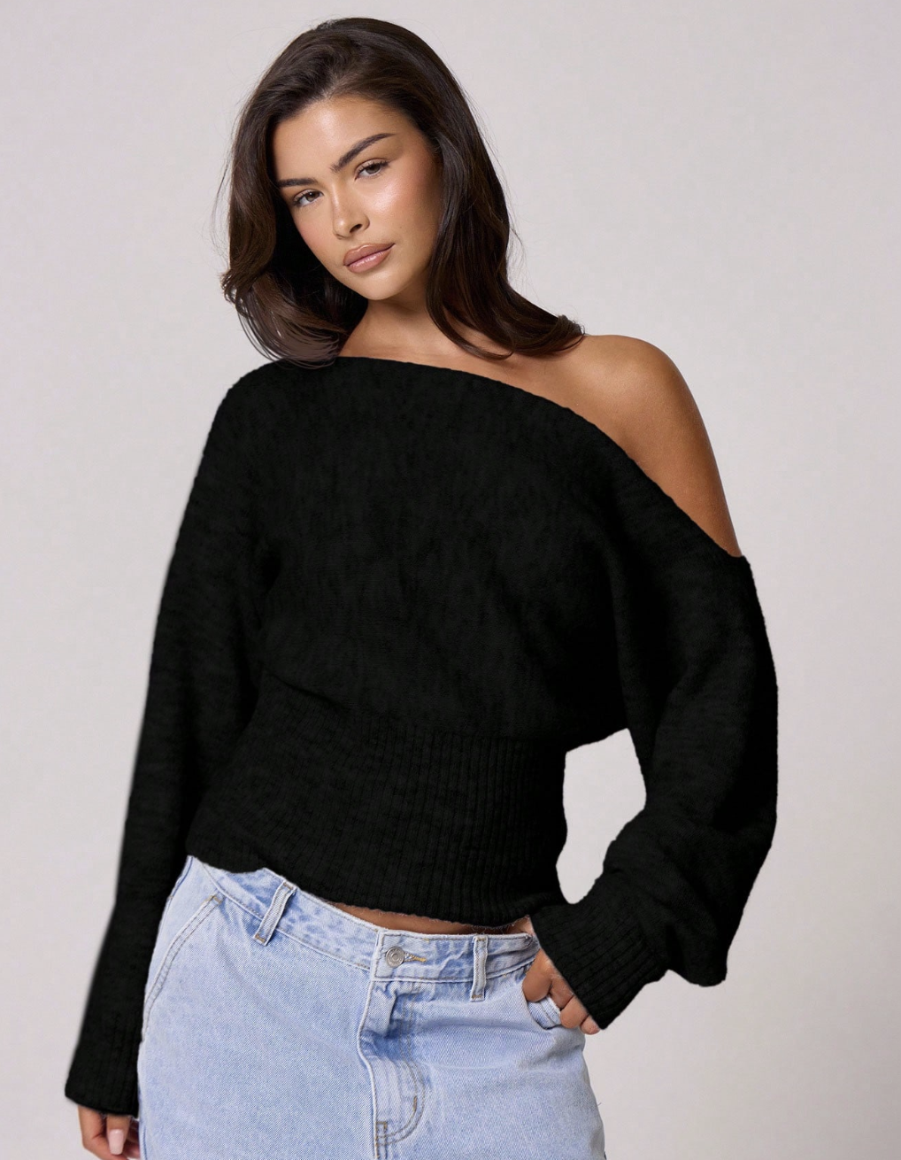 Musera, Fluffy Knit Asymmetrical Shoulder Top in Black