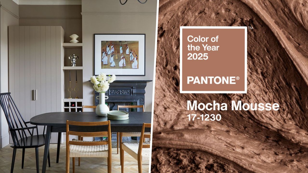 dining space with beige cabinets, black dining table, brown color swatch of Pantone&#039;s Mocha Mousse on whipped chocolate mousse background