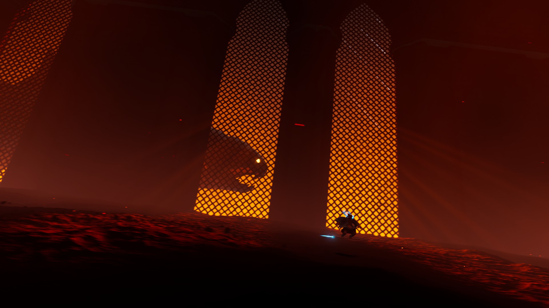 The giant spiked worm hunts for the player in Sword of the Sea, who is riding the hoverboard sword on the other side of its stalking ground, separated only by thin lattice