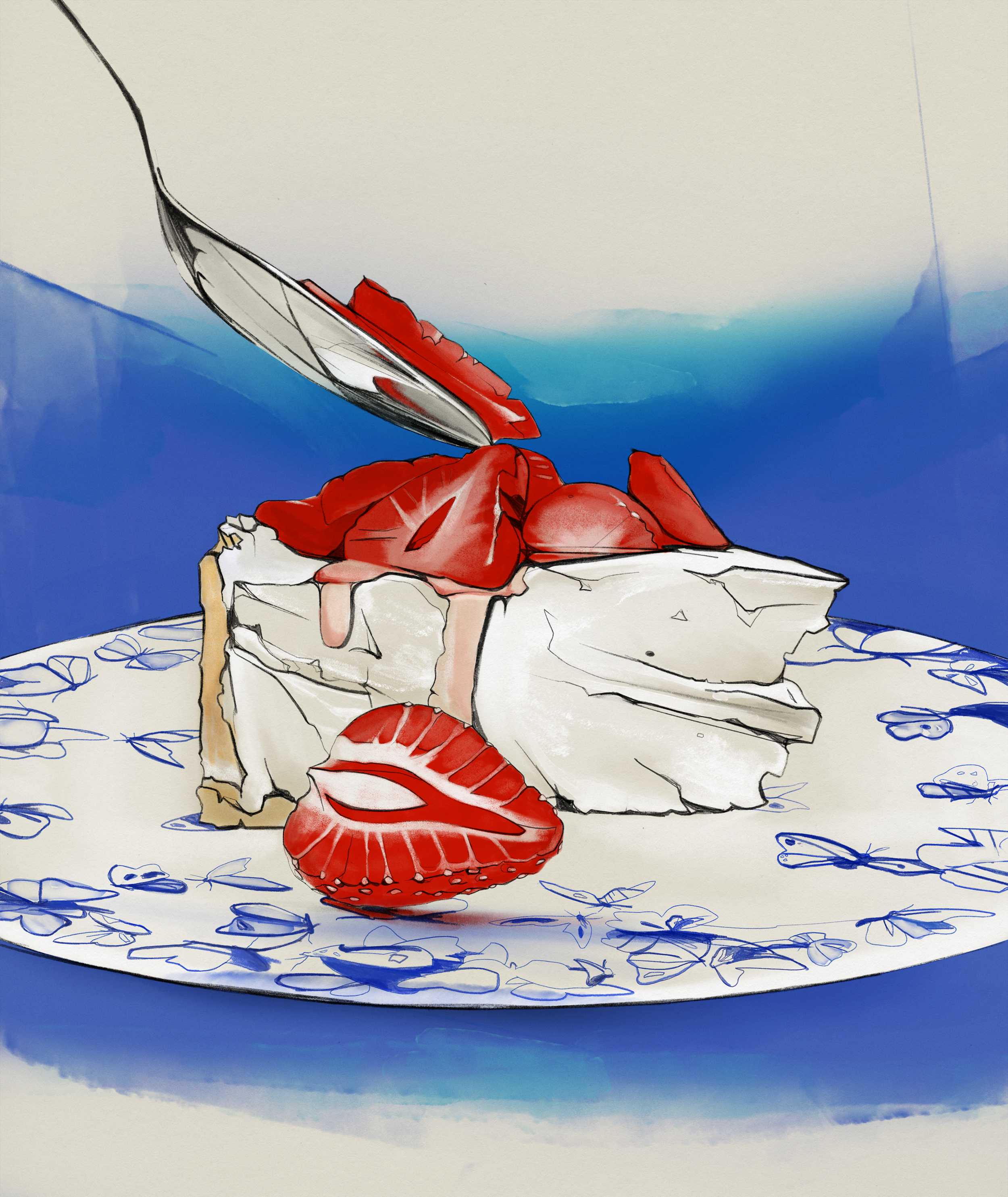 digital illustration of strawberry cheesecake on a plate