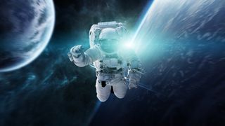 Artist's impression of an astronaut in space orbiting a planet with a moon in the background
