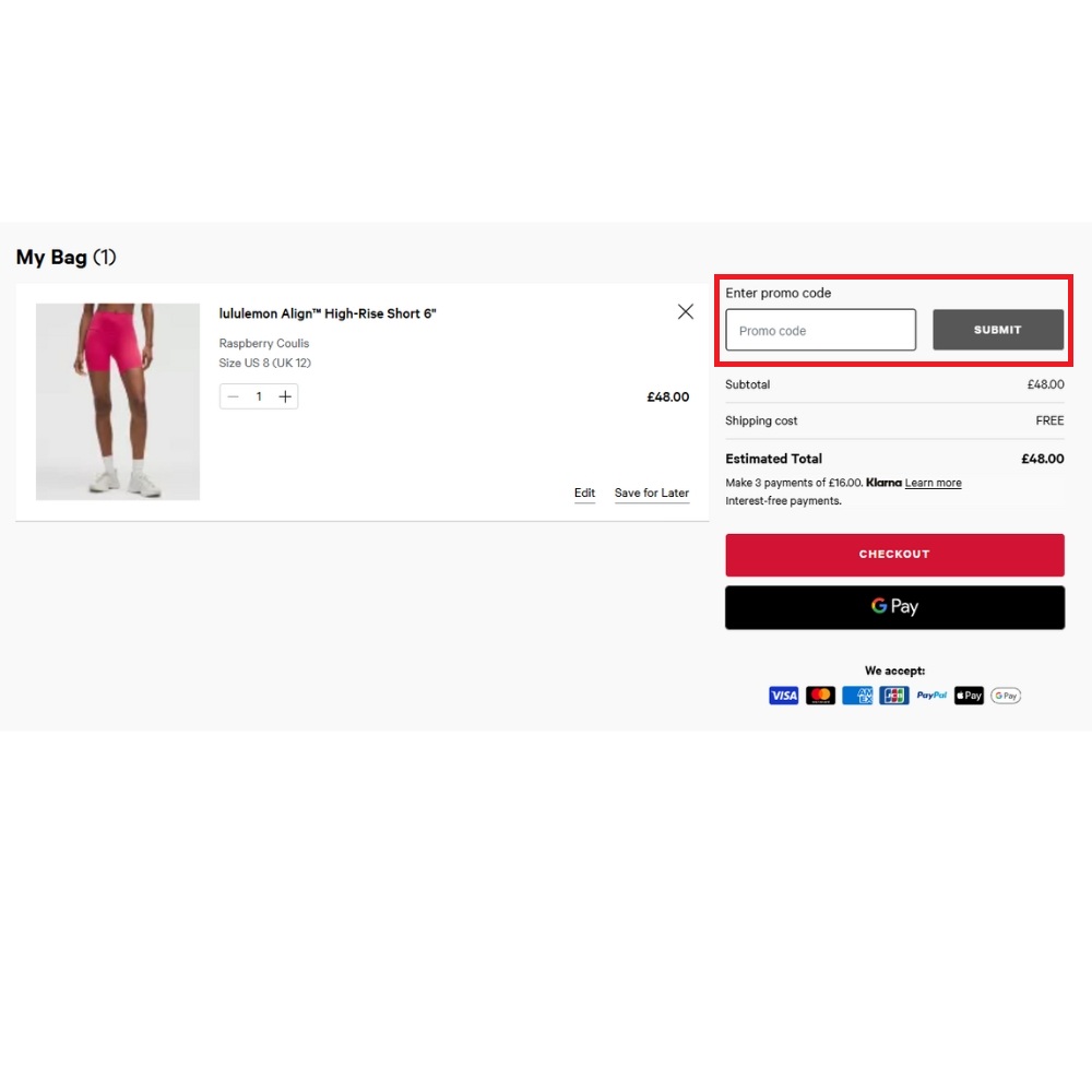 Photo of the lululemon checkout page with lululemon discount code box highlighted by a red square