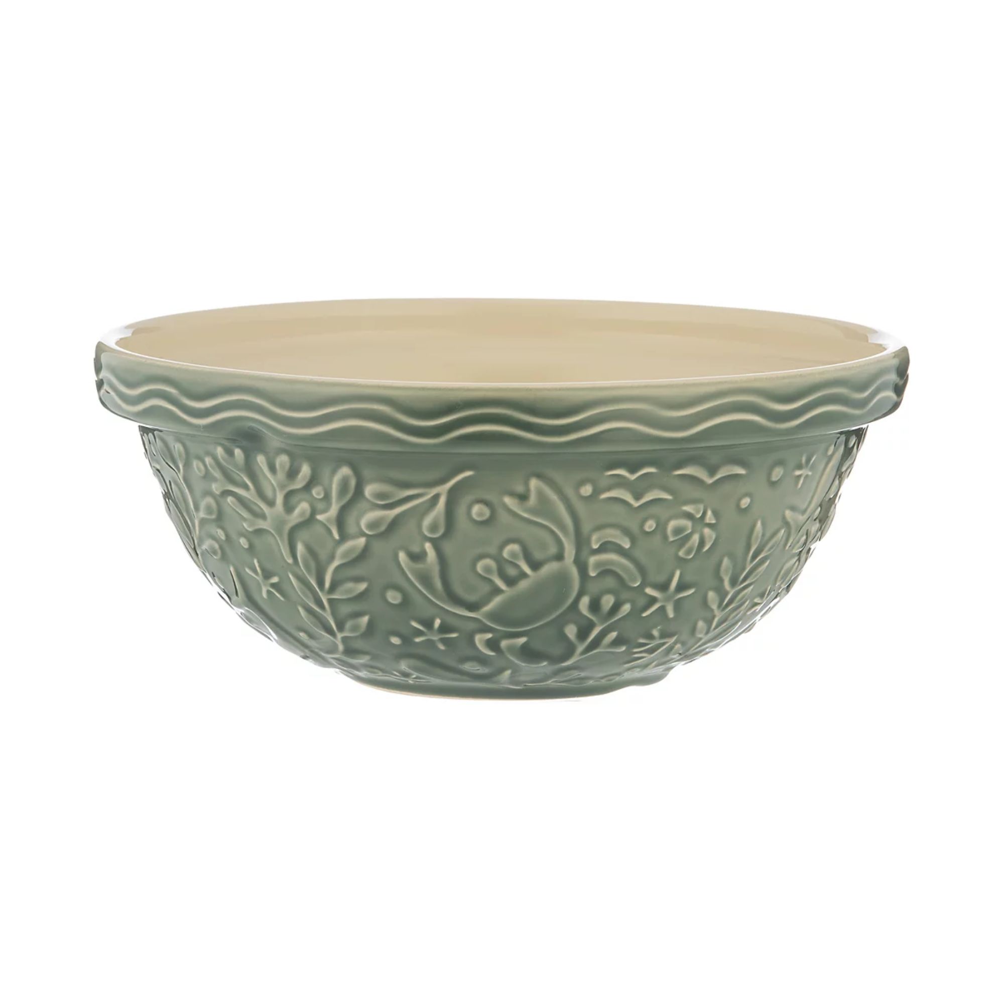 Pale green stone mixing bowl with floral design