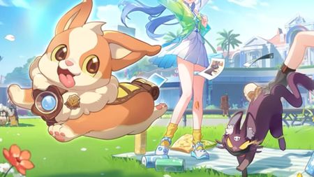 Key art for Honkai: Nexus Anima shows a dog-like creature running from a cat-like creature, with a female character stood in the background.