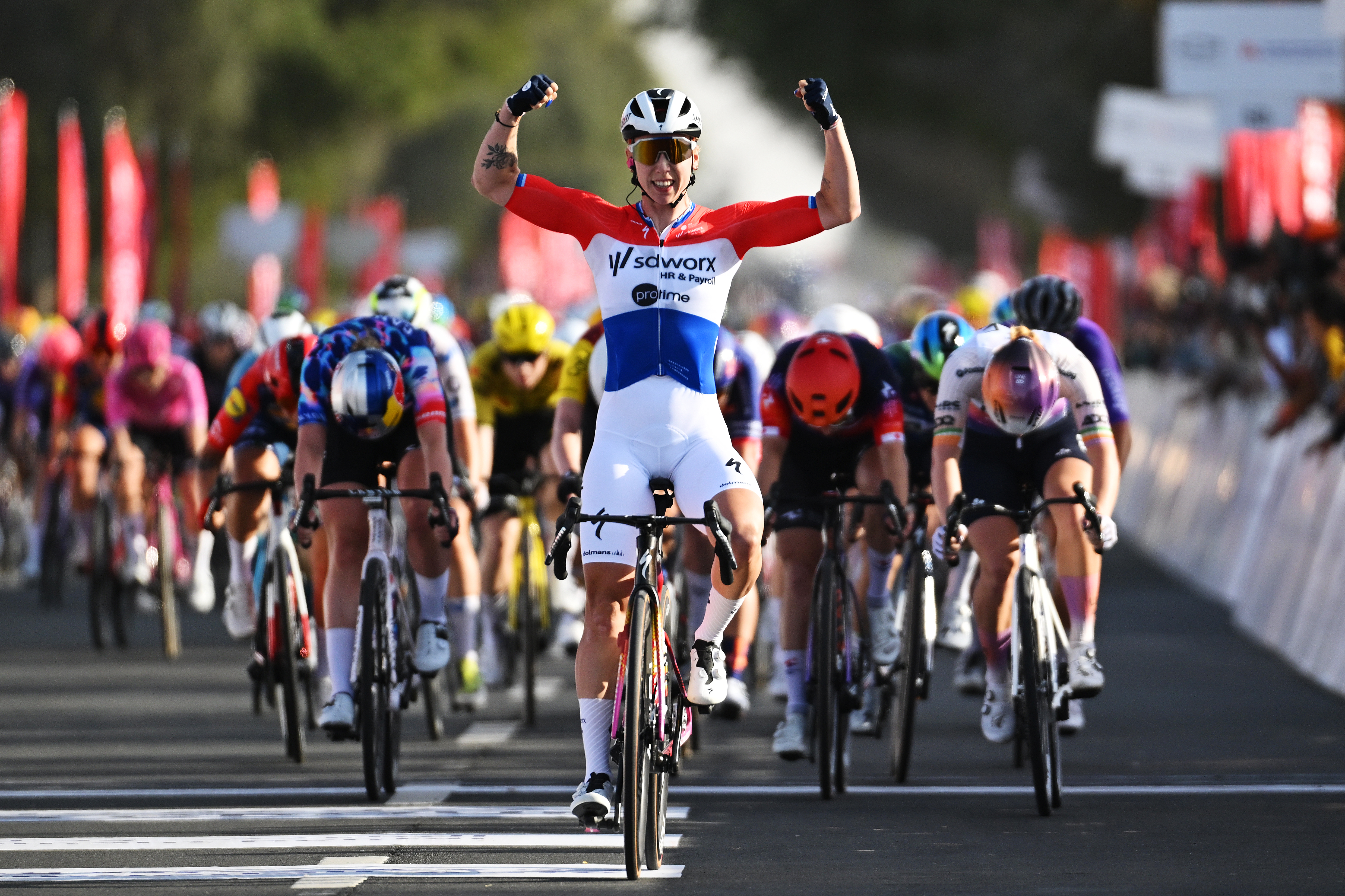 MADINAT ZAYED, UNITED ARAB EMIRATES - FEBRUARY 05: Lorena Wiebes of Netherlands and Team SD Worx - Protime celebrates at finish line as stage winner during the 4th UAE Tour Women 2026, Stage 1 a 111km stage from Al Mirfa to Madinat Zayed on February 05, 2026 in Madinat Zayed, United Arab Emirates. (Photo by Tim de Waele/Getty Images)
