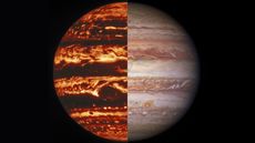 Jupiter&rsquo;s banded appearance is created by the cloud-forming &ldquo;weather layer.&rdquo; This composite image shows views of Jupiter in (left to right) infrared and visible light taken by the Gemini North telescope and NASA&rsquo;s Hubble Space Telescope, respectively.