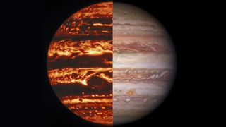 Jupiter’s banded appearance is created by the cloud-forming “weather layer.” This composite image shows views of Jupiter in (left to right) infrared and visible light taken by the Gemini North telescope and NASA’s Hubble Space Telescope, respectively.