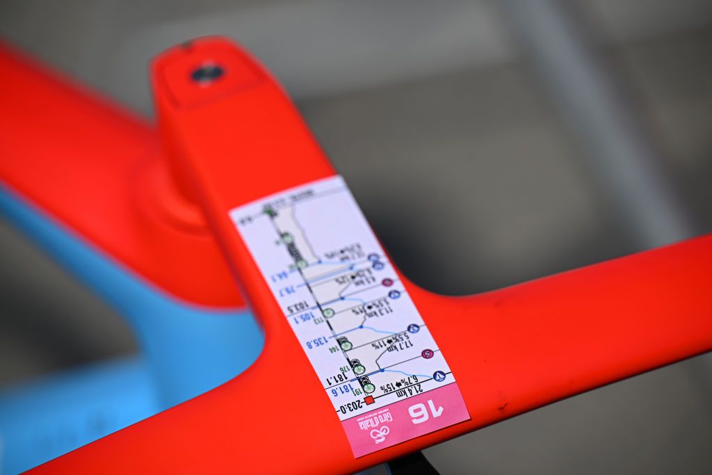 SABBIO CHIESE ITALY MAY 23 Route sticker detail view prior to the 106th Giro dItalia 2023 Stage 16 a 203km stage from Sabbio Chiese to Monte Bondone 1642m UCIWT on May 23 2023 in Sabbio Chiese Italy Photo by Stuart FranklinGetty Images