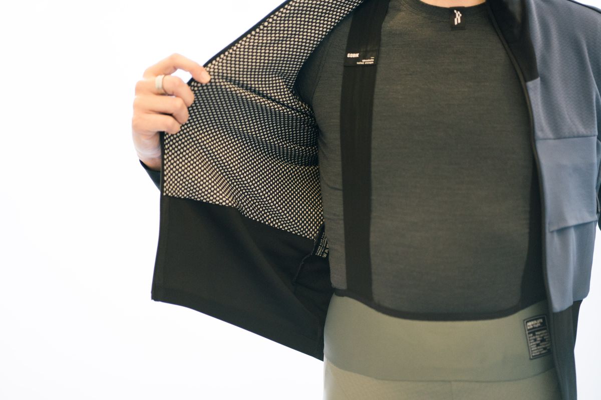 A close up of the black and white lining of a cycling jacket