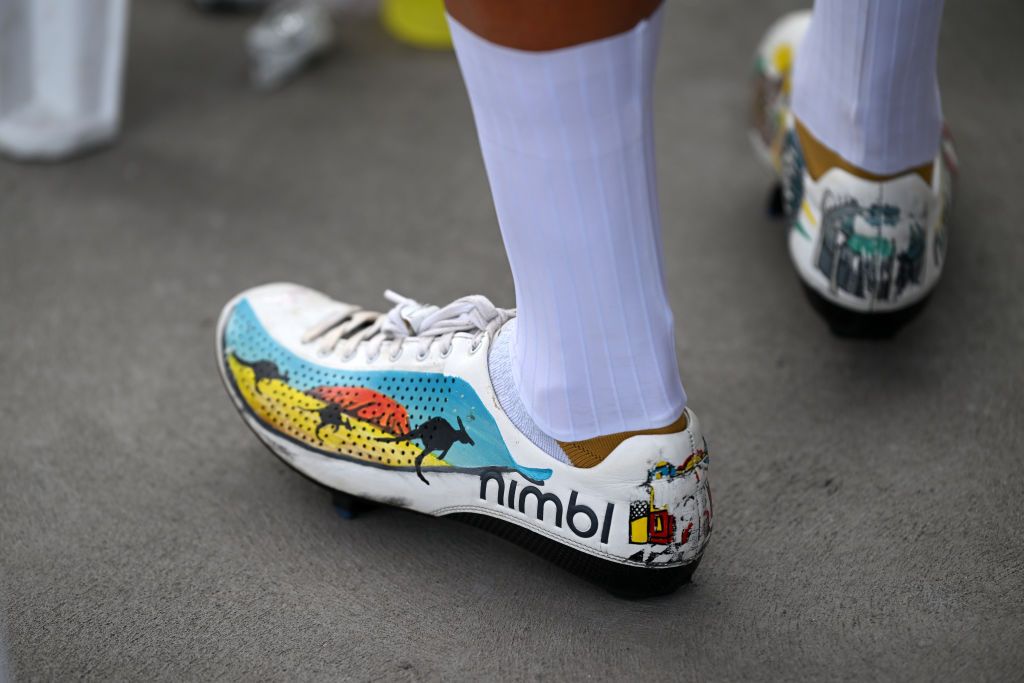 ADELAIDE AUSTRALIA JANUARY 26 Custom australian riders shoe prior to the 25th Santos Tour Down Under 2025 Stage 6 a 90km stage from Adelaide to Adelaide UCIWT on January 26 2025 in Adelaide Australia Photo by Dario BelingheriGetty Images
