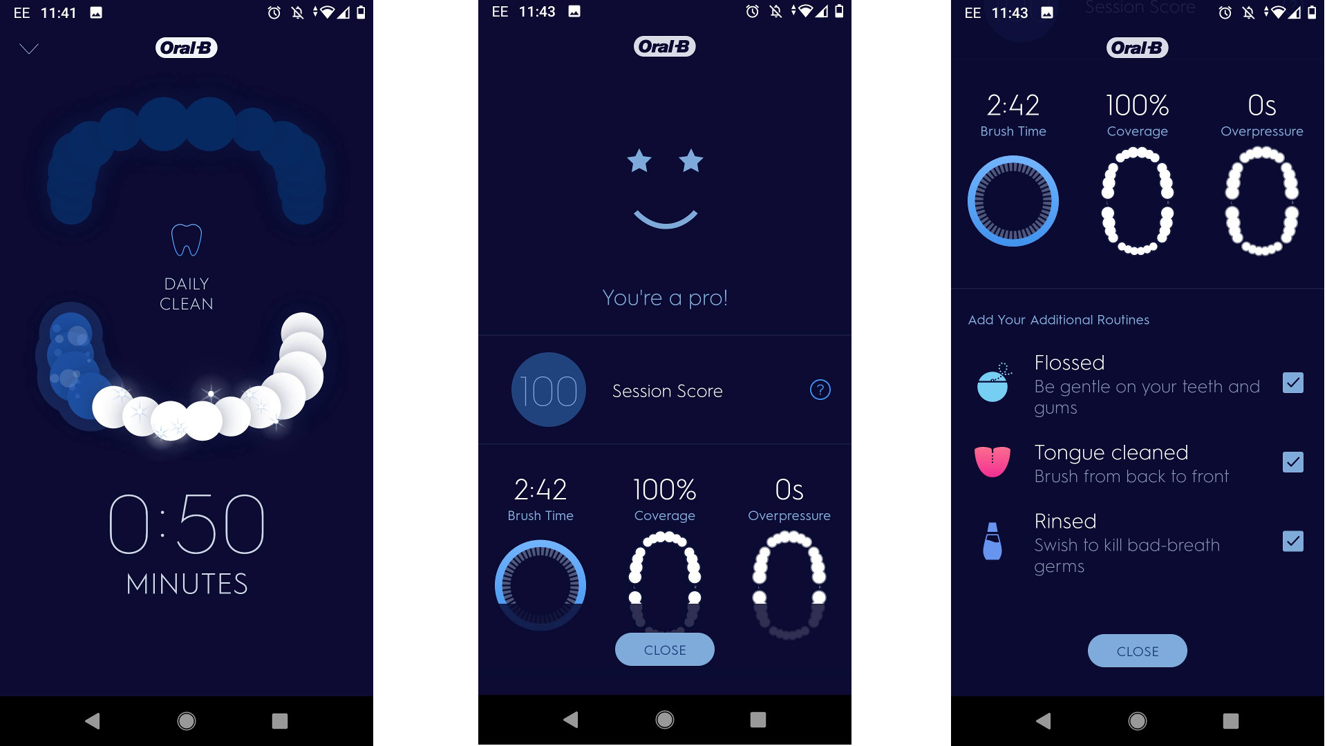 Screenshots from the Oral-B smartphone app