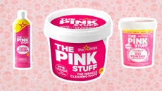 The Pink Stuff products on a pastel pink bubbly background