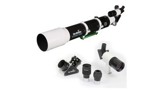 Sky-Watcher EvoStar 120 APO Doublet Refractor telescope with eyepieces on a white background.