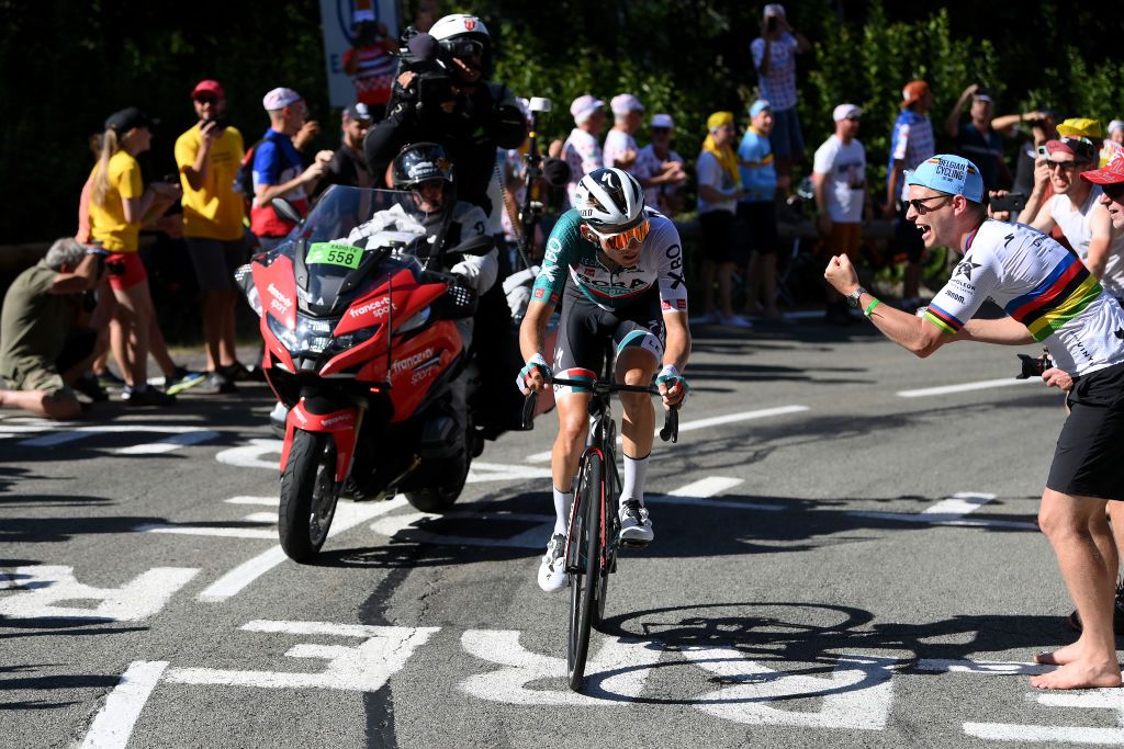 PLANCHE DES BELLES FILLES FRANCE JULY 08 Lennard Kmna of Germany and Team Bora Hansgrohe attacks during the 109th Tour de France 2022 Stage 7 a 1763km stage from Tomblaine to La Super Planche des Belles Filles 1141m TDF2022 WorldTour on July 08 2022 in Planche des Belles Filles France Photo by Alex BroadwayGetty Images