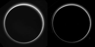 A processed image of the sun shining through Pluto's atmosphere (right, unedited version at left) reveals multiple layers of haze.