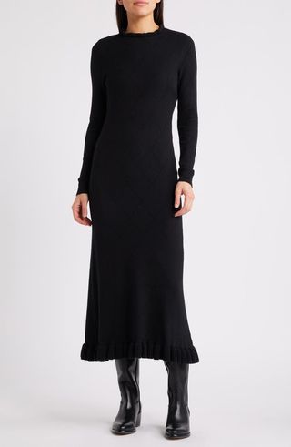 Pointelle Long Sleeve Cotton Blend Sweater Dress