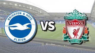 The Brighton & Hove Albion and Liverpool club badges on top of a photo of The Amex Stadium in Brighton, England