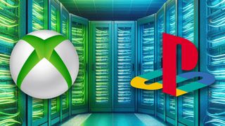 Xbox and PlayStation logos on top of a server room backdrop