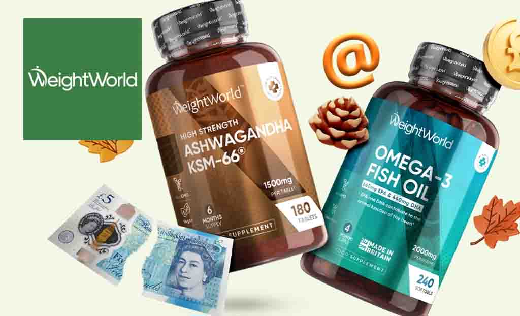 Weight World logo top left with ashwagandha and omega 3 fish oil tablets with autumn icons 