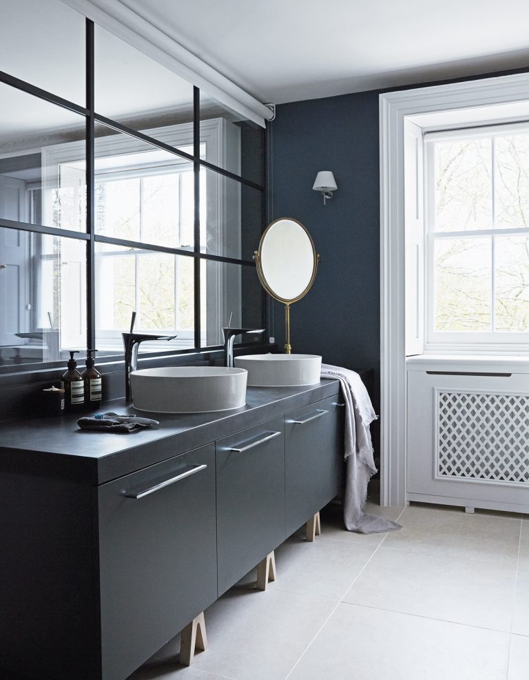 dark grey modern bathroom with large mirror