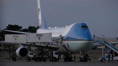 Air Force One with catering cart at the Ankara airport in Turkey