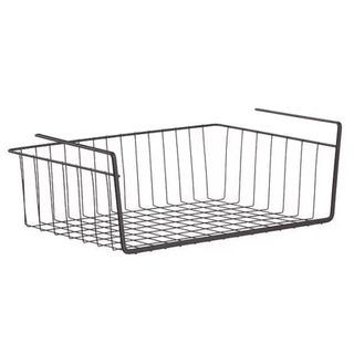 A black wire shelf that can slide underneath another shelf