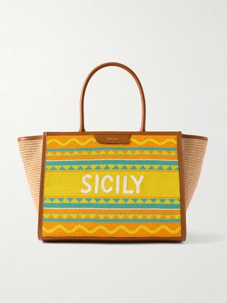 Sicily Leather-Trimmed Beaded Raffia Tote