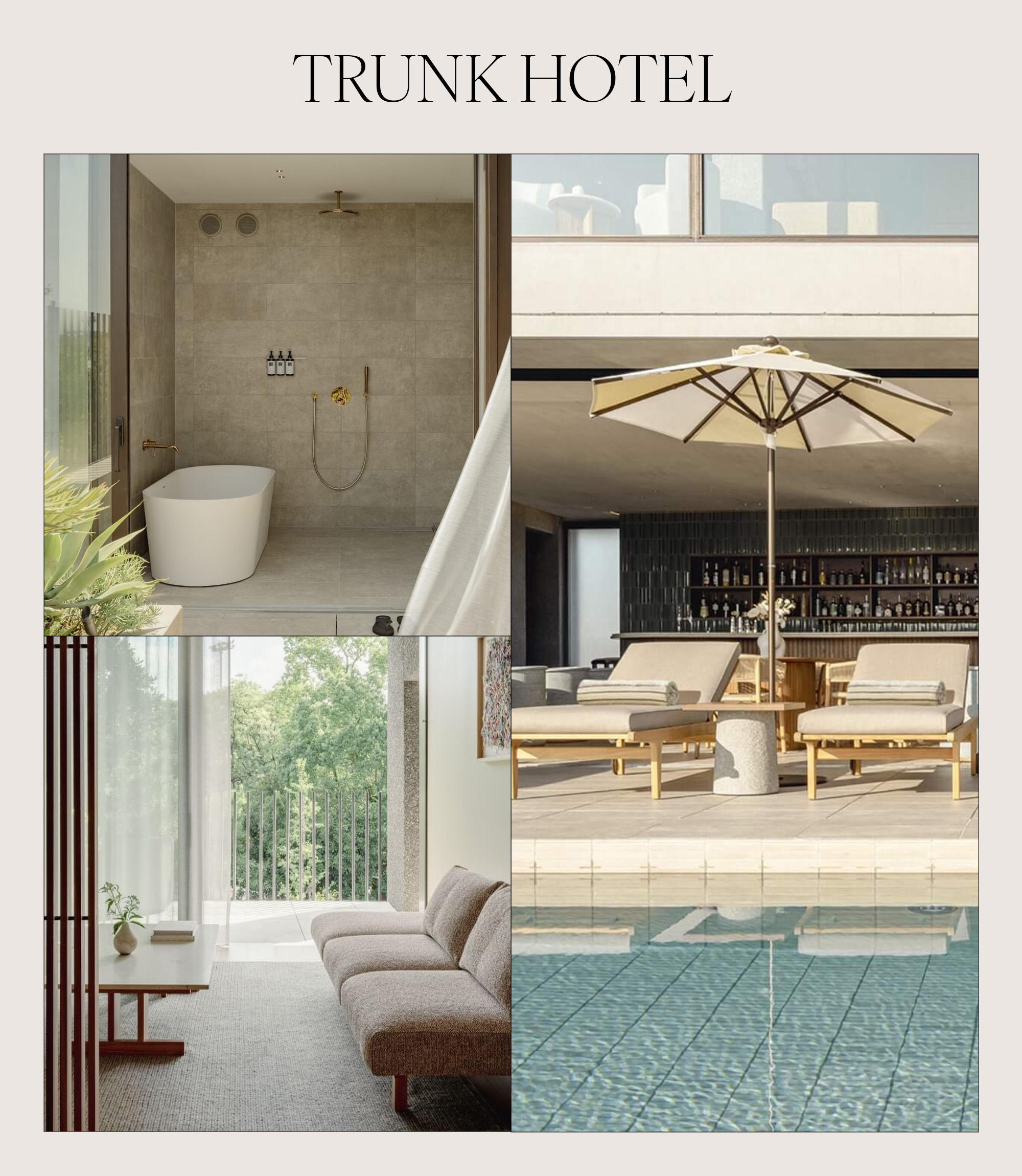 Collage of interiors at Trunk Hotel in Tokyo.