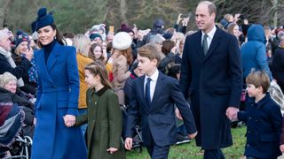 Catherine, Princess of Wales and Prince William, Prince of Wales with Prince Louis, Prince George and Princess Charlotte attend the Christmas Day service at St Mary Magdalene Church on December 25, 2023