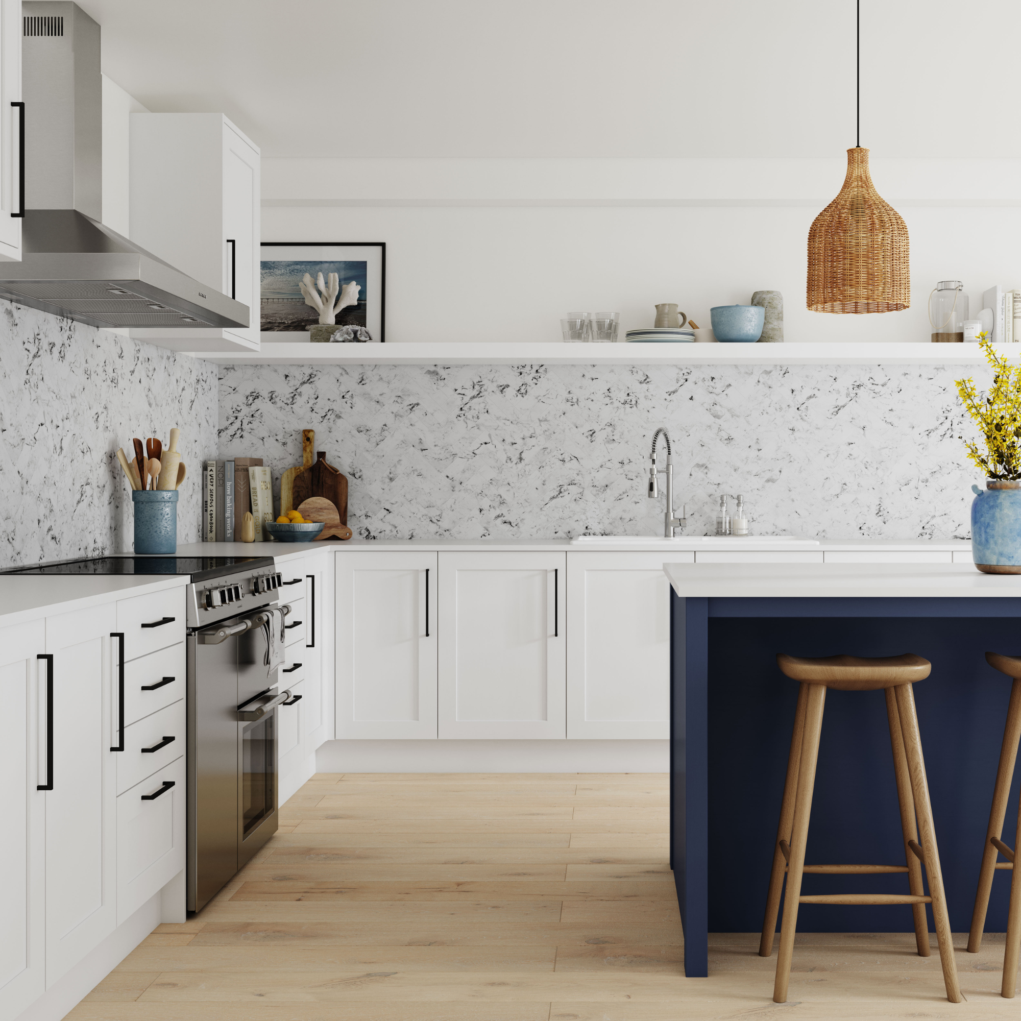 A marble look kitchen splashback in a white kitchen with blue kitchen island