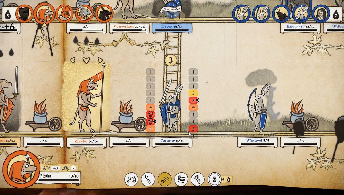 Image of medieval marginalia creatures battling in game Inkulinati. They are illustrated in a style like an illuminated manuscript.
