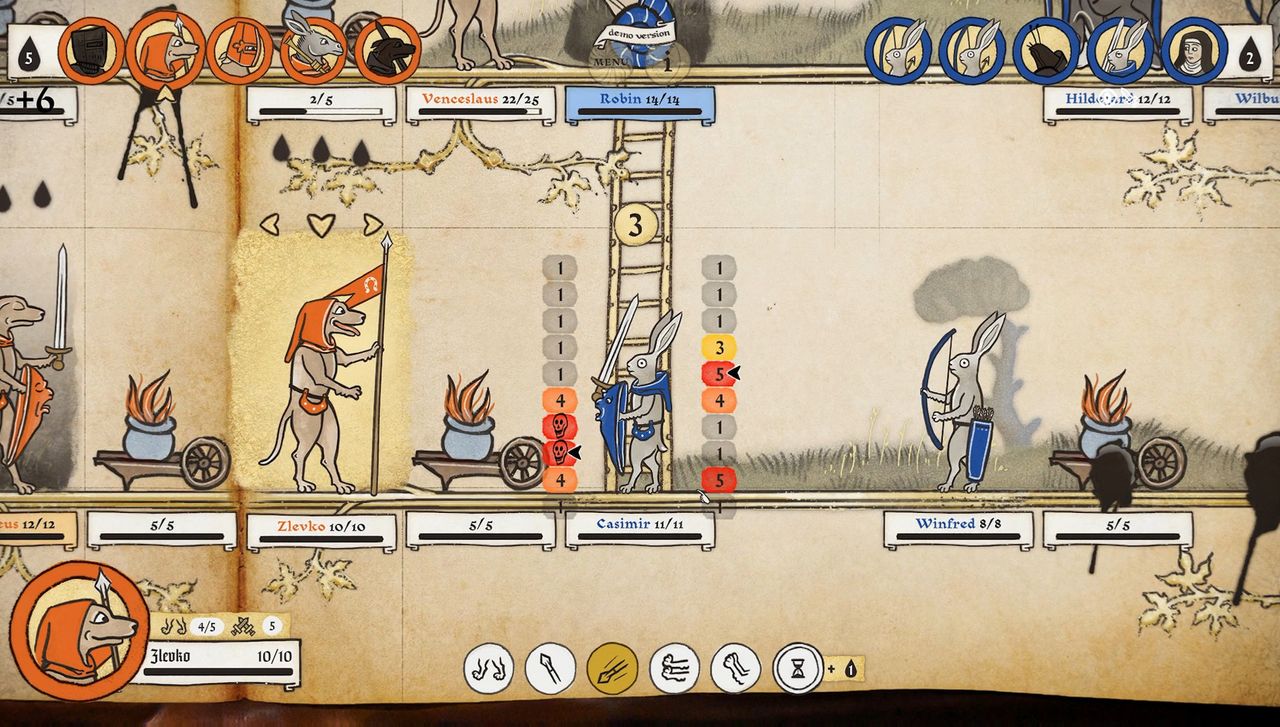 Image of medieval marginalia creatures battling in game Inkulinati. They are illustrated in a style like an illuminated manuscript.