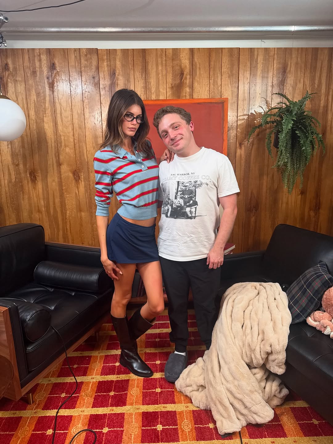 Kaia Gerber in a mini skirt and rugby shirt trend on the Therapuss podcast