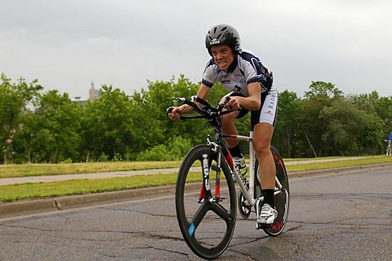 Evelyn Stevens (Velo Classic Tours) powers her way to the finish during the opening stage time trial.