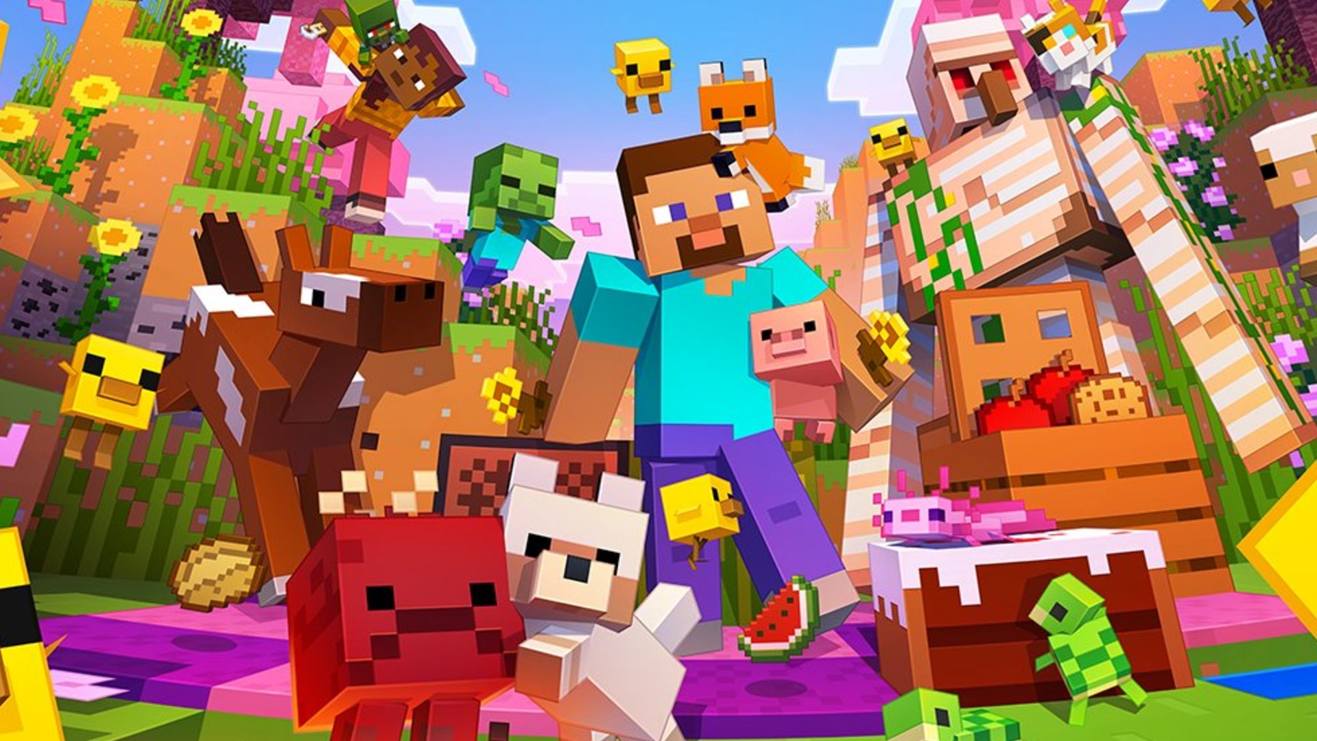 Steve is surrounded by tiny mobs as they celebrate Minecraft Live 2026.