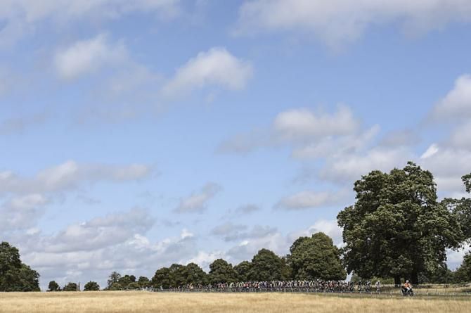 The peloton races through the countryside