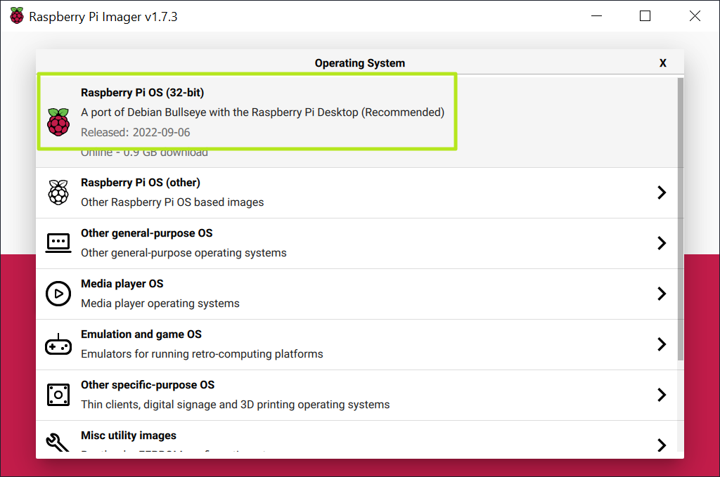 Wählen Sie Raspberry Pi OS 32-Bit