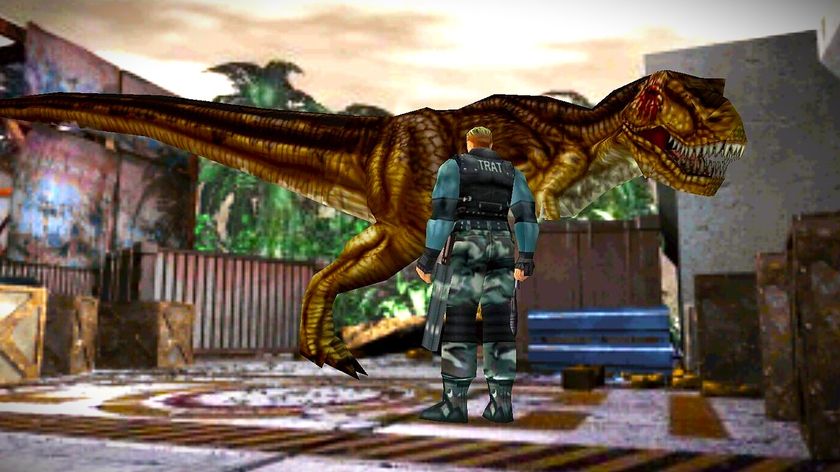 Slightly edited screenshot of Dylan confronted by a T-Rex in Dino Crisis 2